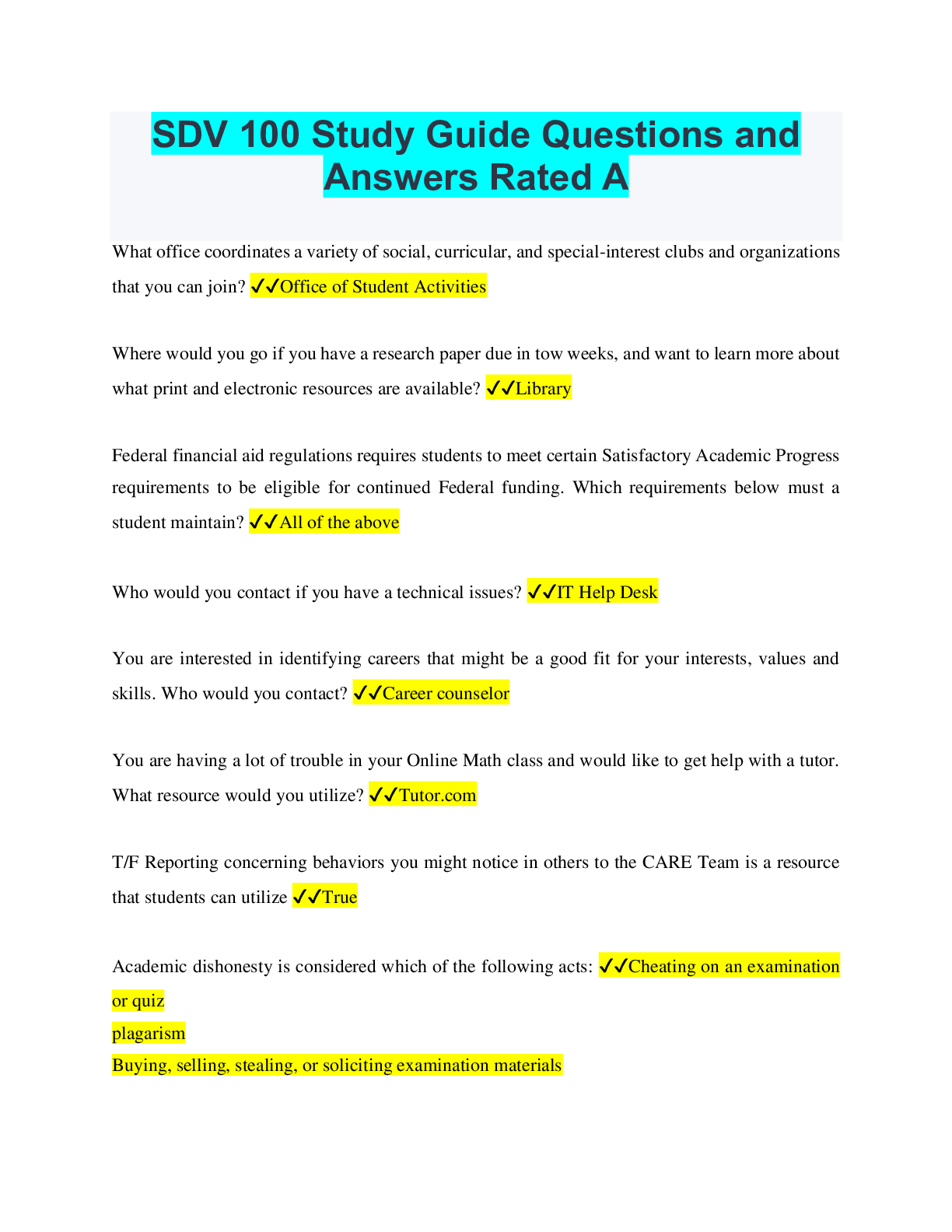 Preview image for SDV 100 Study Guide Questions and Answers Rated A